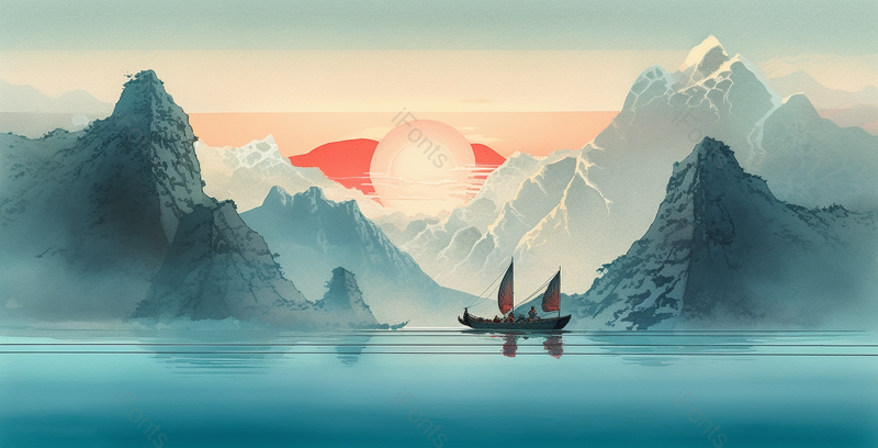 日落蓝色水面山川湖泊景色自然意境中国山水国风水墨画背景,插画/手绘图,插画/手绘图库,插画/手绘图下载,插画/手绘